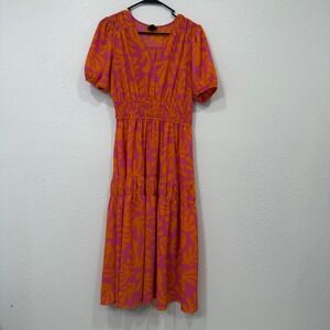 KATE and LILY Women's‎ Size 12 Pink Orange Abstract Leaf Tiered Midi Dress